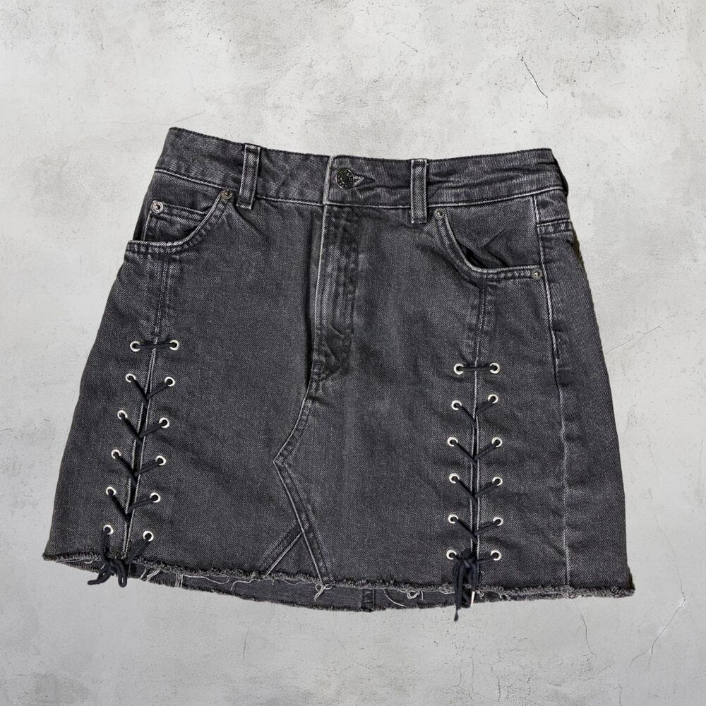 🖤 Topshop Moto Black Lace-Up Denim Mini Skirt Grunge Goth ⛓️
